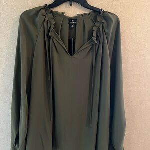 Worthington Olive V-Neck Tie-Detail Blouse